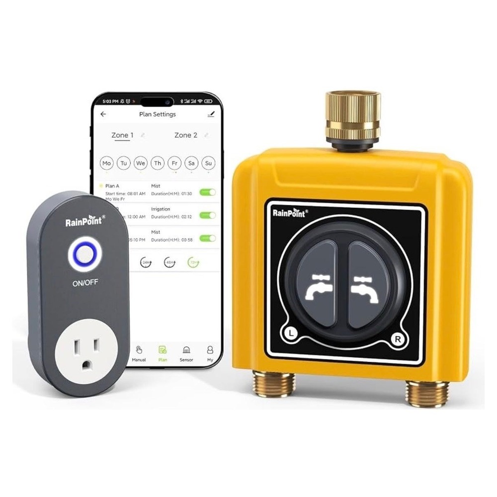 RainPoint 2-Zone WiFi Hose Water Timer Hub TWG009WN+RFTV203WRF Brass Inlet